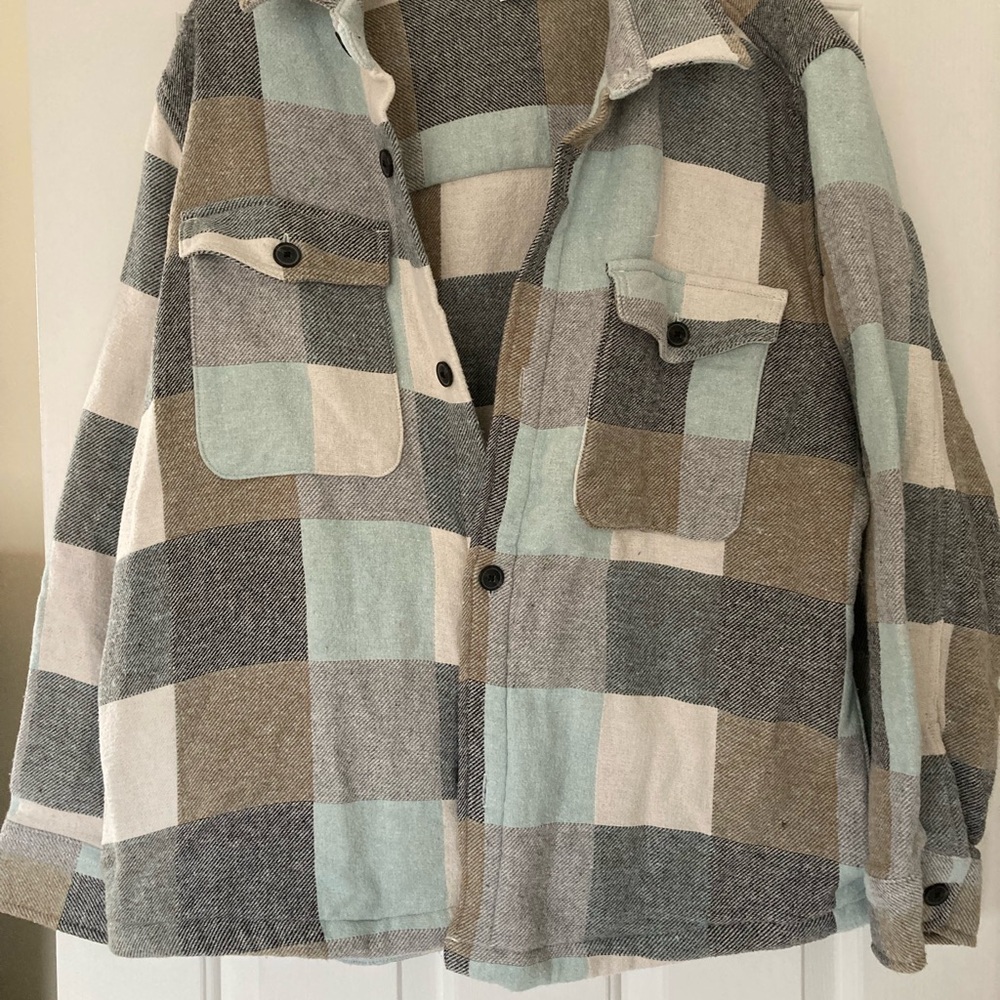 Zara Plaid Shacket in Blue, Beige & Gray and Brown